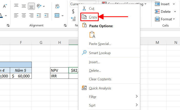 copy công thức trong Excel tính NPV